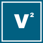 Logo of V Squared Productions placed against a Baltic teal background. The logo is a White V with a superscript 2 surrounded by a white square outline.