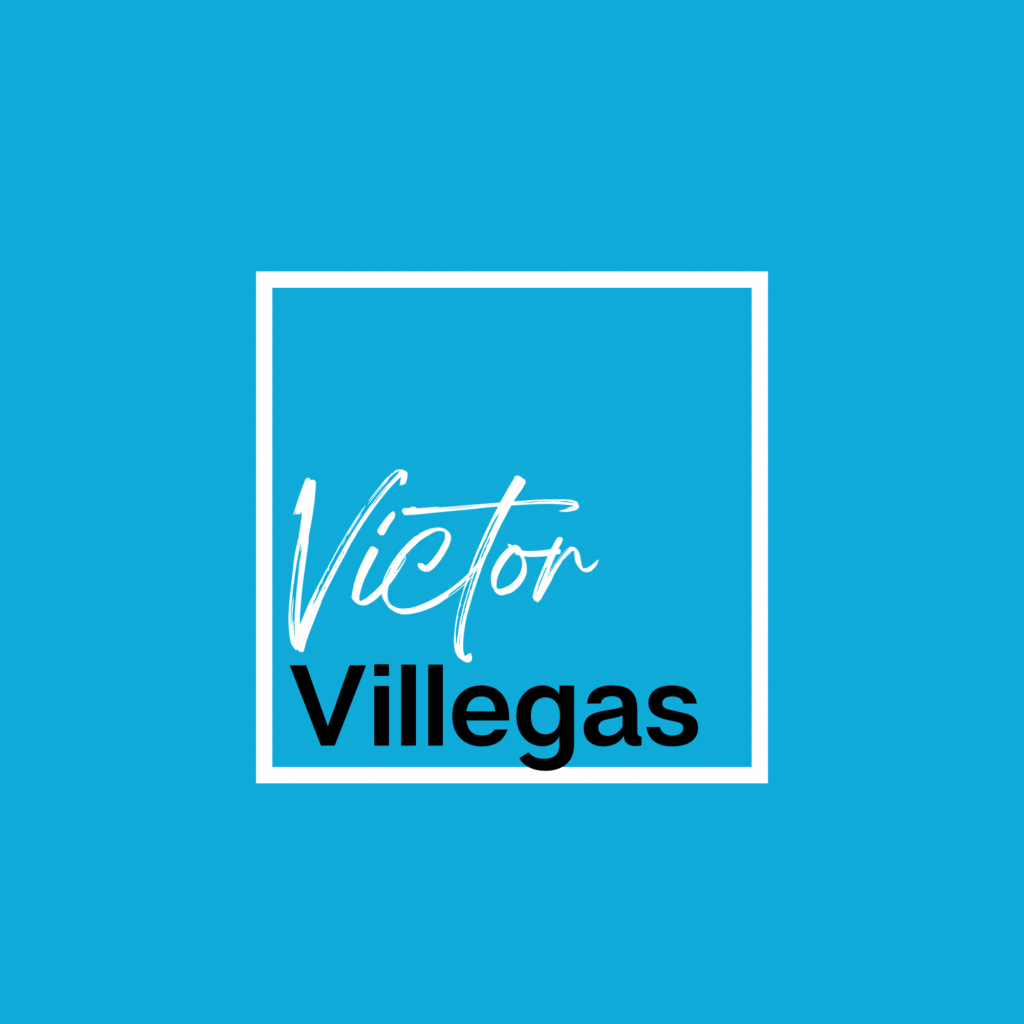 Logo of VIctor Villegas against Caribbean Blue background.